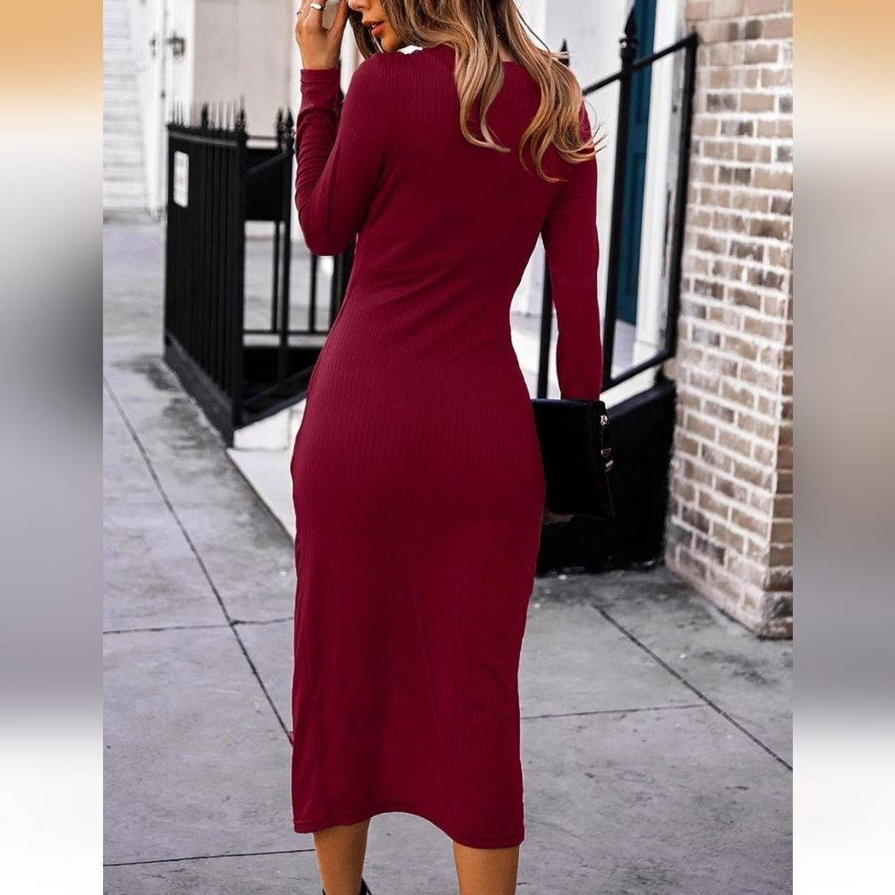 Women's Long Sleeve Dress: Midi Casual V Neck Twist Waist Ribbed Knit Size Large - Picture 2 of 5
